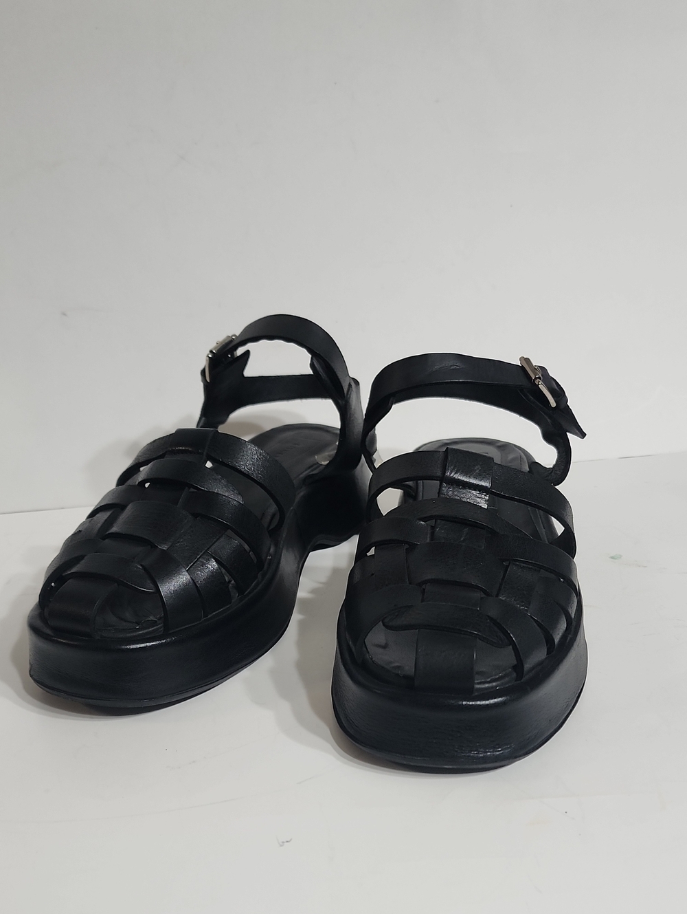 EITHER/OR The Platform Fisher Sandal Black Leather Woven Fisherman Sandals Sz 9